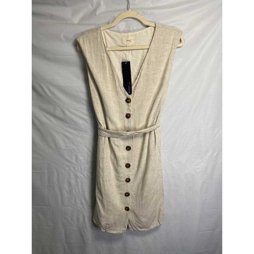 NWT Reset By Jane Flax Linen Button Up Tie Back Dress Sleeveless Beige Sz Small